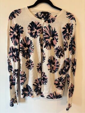 Ann Taylor Factory Cream Cardigan with Navy and Pink Floral Print